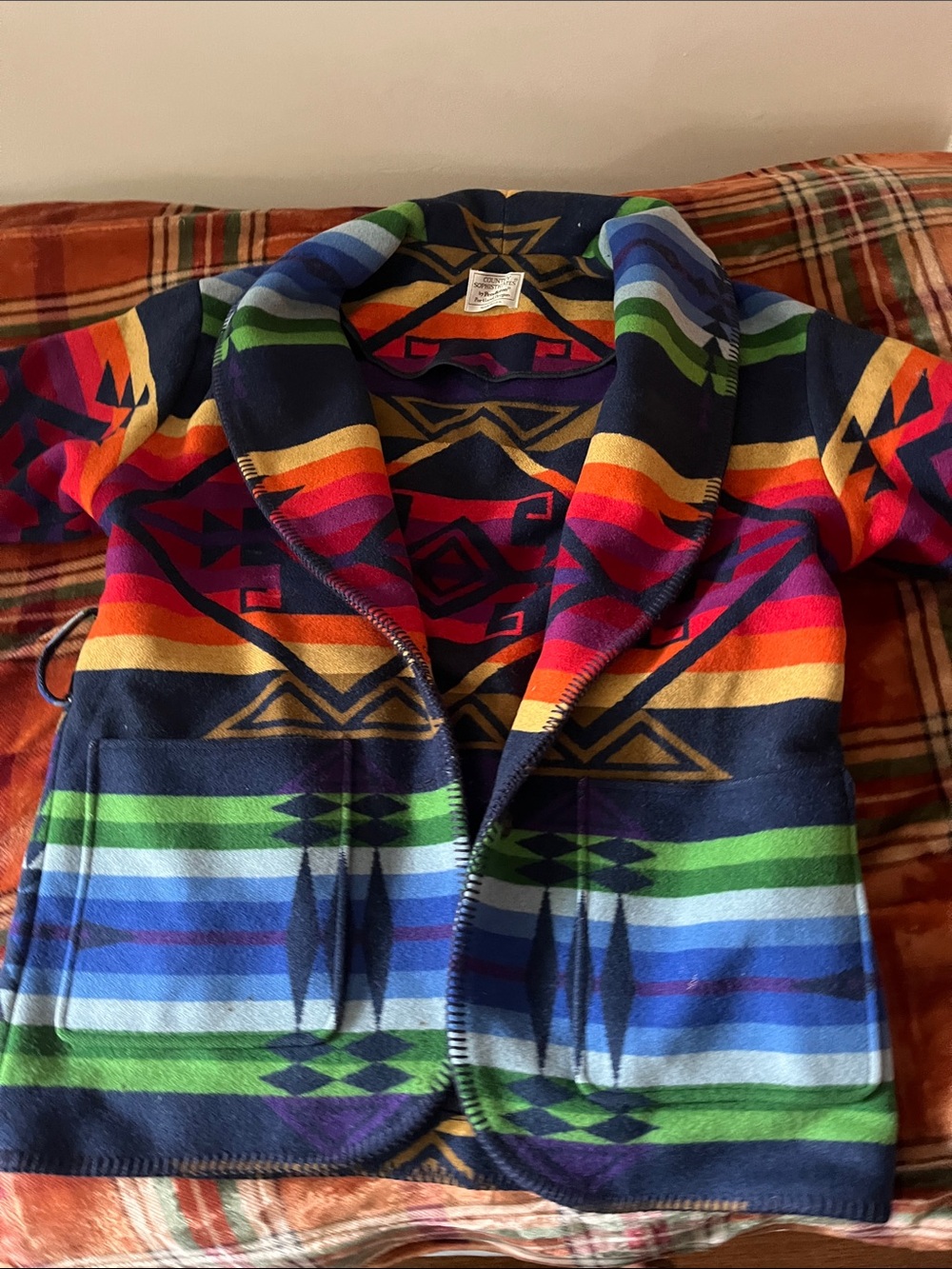 Pendleton Multicolor Geometric Wool Jacket in Navy, Orange, Gold